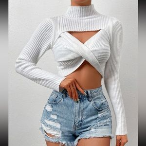 Cut Out Twist Front High Neck Crop Sweater